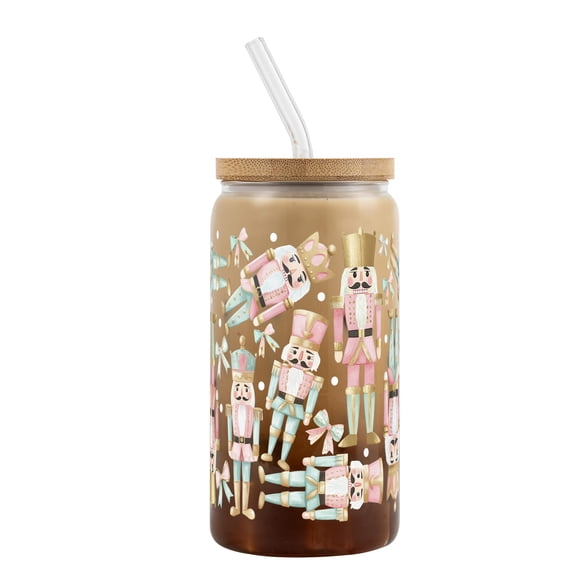 Sip-Sip Hooray! Pink Nutcracker Christmas 16 oz Glass Can Cup with Bamboo Lid