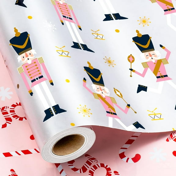 Pink Nutcracker Christmas Wrapping Paper Roll - 17 Inch X 33 Feet - Funny Reversible Pearly-Lustre Foil Gift Wrap Paper w/Candy Cane Design for Chrsitmas Holiday Party Theater Present Decor