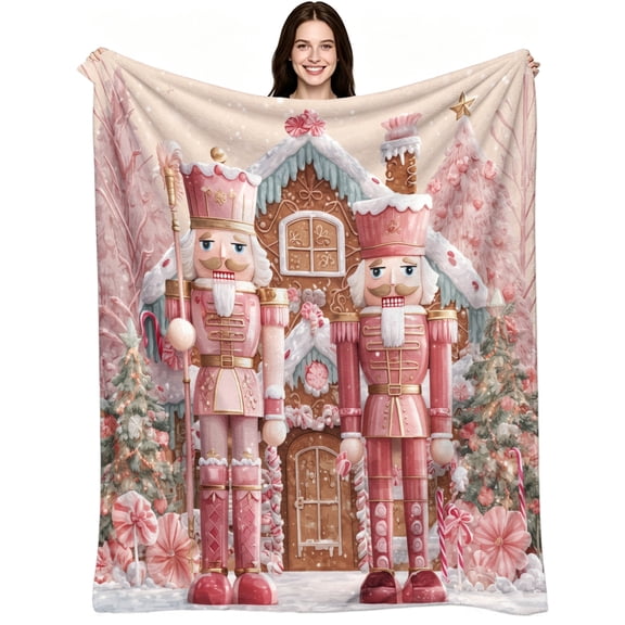 Pink Nutcracker Gingerbread Snow Scene, Soft Flannel Fleece, Cute Sweet Festive, Throw Blanket, Cozy Warm Joyful, Living Room Decor, Relaxing Christmas Gift