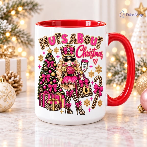 Pink Nutcracker Leopard Print Coffee Mug, Holiday Drinkware Gift for Hot Beverage Lovers