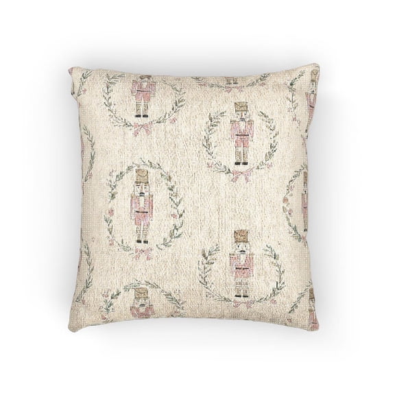 Pink Nutcracker Soldiers and Green Wreaths Woven Pillow, Cotton-Polyester Shell, Holiday Decor