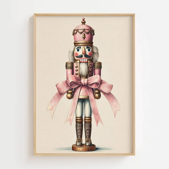 Pink Nutcracker Wall Art, Vintage Christmas Decor, Elegant Holiday Ballet Illustration, Blush Christmas Home Art Gift #604, Stretched Canvas Size 16x24