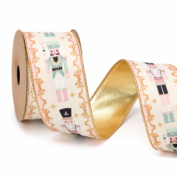 Pink Nutcracker Wired Ribbon for Holiday Decor, 2.5in Wide, 10yd Long