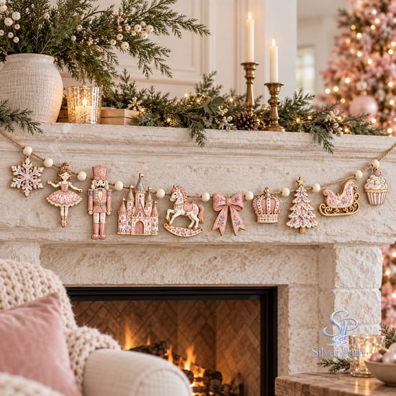 Pink Nutcracker Wooden Ornament Garland, Ballerina Candy Castle Christmas Mantel Decor
