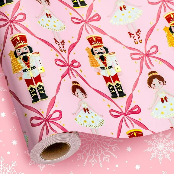Pink Nutcracker Wrapping Paper, Pastel Girl Wrapping Paper, Reversible Girly Bow, Nutcracker Theme Christmas Gift Wrap for Gift Packaging, Holiday Presents (Mini Roll, 17 Inch X 33 Feet)