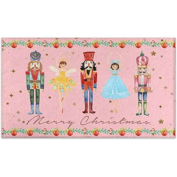 Pink Nutcrackers Merry Christmas Doormat, Xmas Front Door Mat, Christmas Decorations for Home Seasonal Winter Low-Profile Entrance Rug for Indoor Outdoor 17" x 30" (Pink)