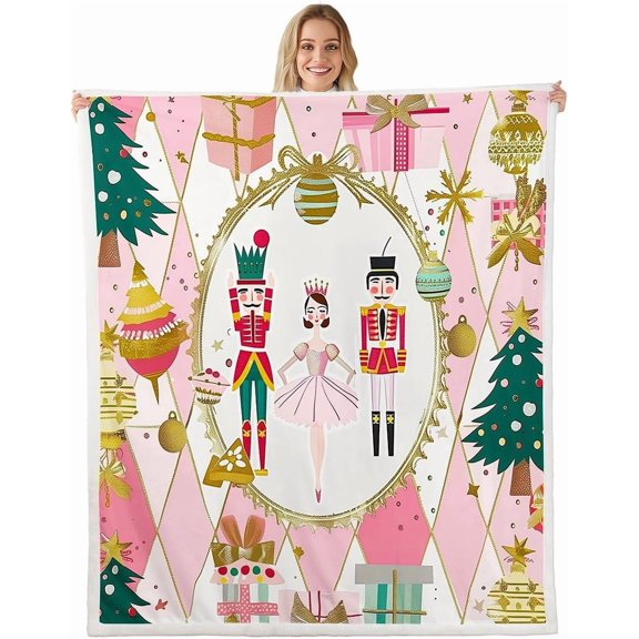 Pink Nutcrackers Tree Christmas Fleece Throw Blanket Xmas Decoration Sherpa Blanket for Kids Women Men Plush Fuzzy Diamond-Shaped Pattern Twin for Living Room Xmas 30" x 40"