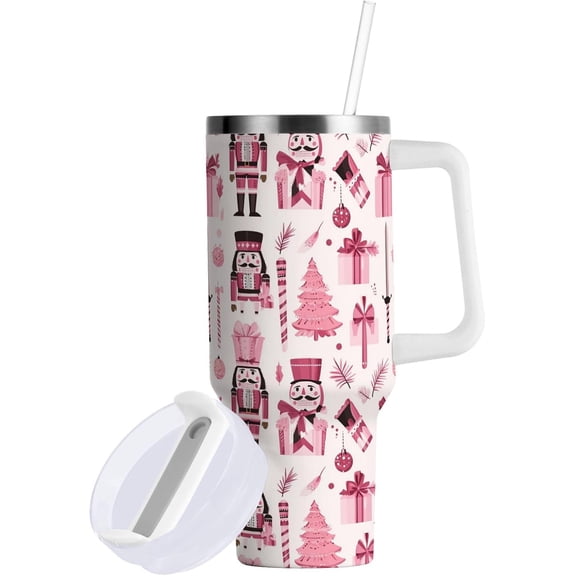 Pink Nutcrackers Twigs Christmas Balls 40 oz Tumbler with Handle Straw Lid | Insulated Cup Reusable Stainless Steel Water Bottle Travel Mug Cupholder Friendly | Gifts for Women Men Him Her |