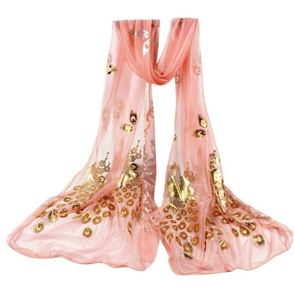 Pink Nylon Shawl Scarf, Women Lady Multi-color Peacock Flower Scarf Long Soft Wrap Shawl Stole Pashmina