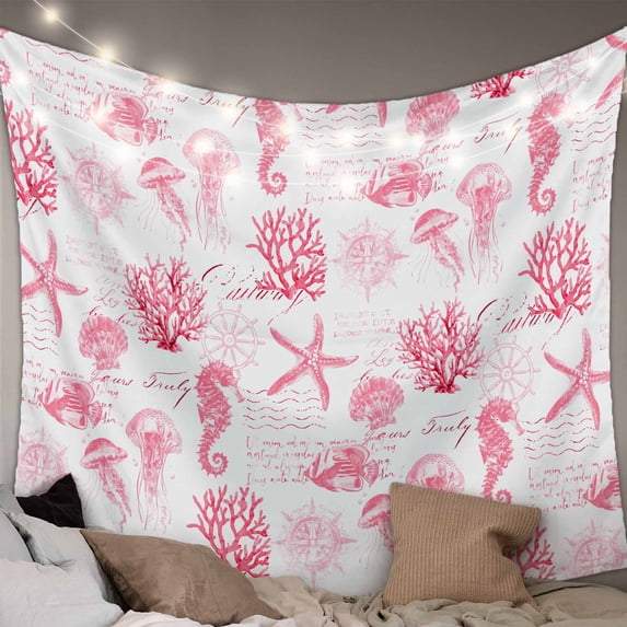 Pink Ocean Coastal Tapestry for Bedroom Wall Hanging Tapestry, Nautical Starfish Jellyfish Coral Ceiling Backdrop Tapestries Poster Blanket Wall Decor for Teens Room Living Room Dorm 51" x 59"