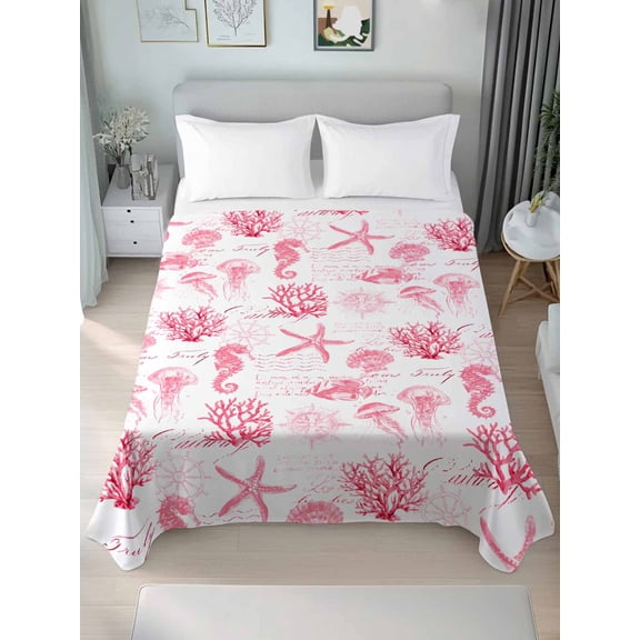 Pink Ocean Coastal Twim XL Size Flat Sheet, Wrinkleproof & Fadeproof Cooling Flat Bed Sheet Only, Nautical Starfish Jellyfish Coral Breathable Soft Bedding Top Sheets 66 x 102 Inches