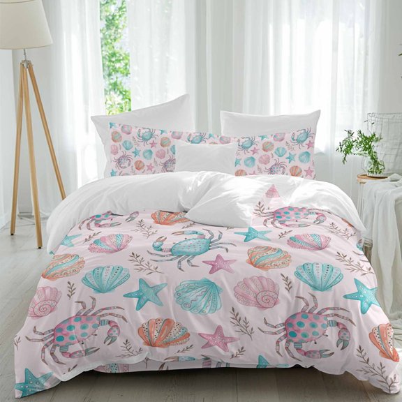 Pink Ocean Comforter Set Queen Size, Nautical Watercolor Teal Crab Pink Orange Starfish Shell Soft Bedding Set for Man Woman, 4 Pieces Duvet Cover Set with Fitted Sheet, 2 Pillowcases