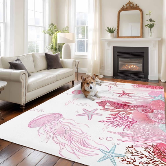 Pink Ocean Large Area Rugs 5x8 ft Seahorses Jellyfish Starfish Watercolor Coastal Washable Rug Non Slip Indoor Carpet Absorbent Floor Mat for Living Room Bedroom Dining Room