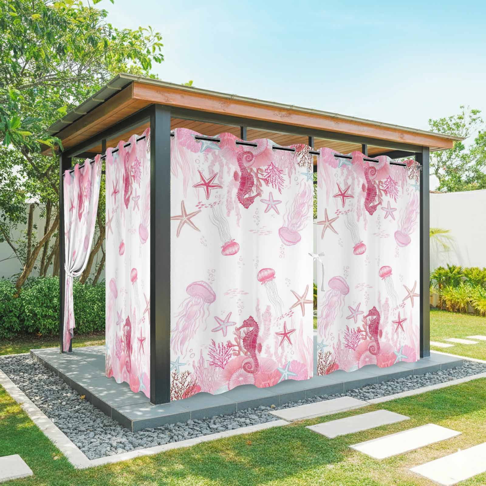 Pink Ocean Outdoor Curtains for Patio, Seahorses Jellyfish Starfish Watercolor Coastal Sunshade Privacy Drapes Grommet Waterproof Outside Curtains for Porch/Cabana/Balcony 54"x 108", 1 Panel