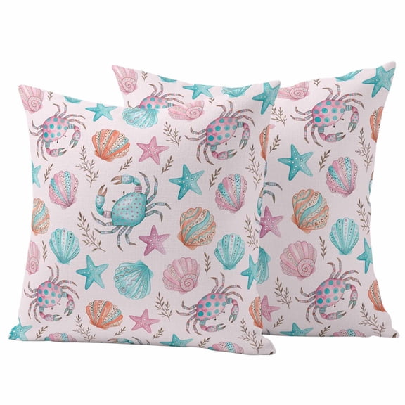 Pink Ocean Outdoor Pillow Covers 26"x26" Set of 2, Nautical Watercolor Teal Crab Pink Orange Starfish Shell Waterproof Throw Pillow Covers for Patio Furniture, Decorative Cushion Covers for Porch