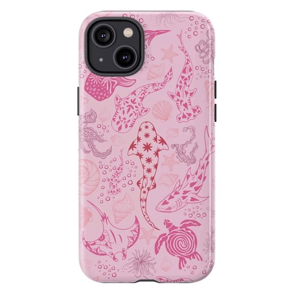 Pink Ocean Sea Life Shark & Sea Turtle Phone Case for iPhone 17 16 15 14 13 12 11 Pro Max Plus Mini, Coastal Marine Pattern