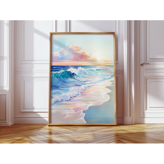 Pink Ocean Sunset Pastel Coastal Wall Art, Stretched Canvas Size 16x24