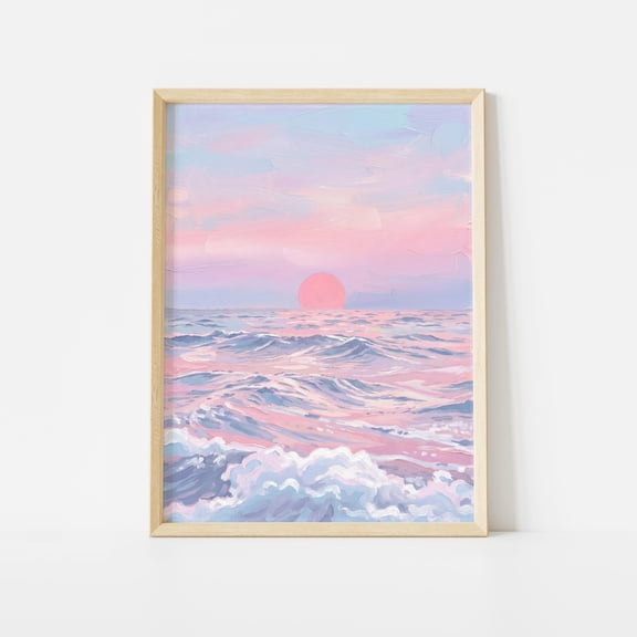 Pink Ocean Sunset Print, Pastel Wave Poster, Coastal Wall Art