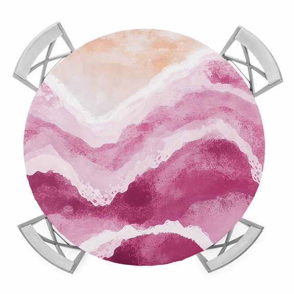 Pink Ocean Waves Elastic Fitted Round Table Cover Beach Ombre Waterproof Outdoor Tablecloth for Holiday Party, Picnic, Patio & Dining Fits Tables Up to 36"-44"