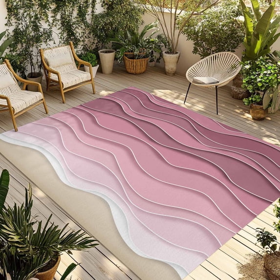 Pink Ocean Waves Outdoor Rug 4x6 Ft - Reversible Patio Rug Outdoor Camping Rugs, Abstract Beach Ocean Ombre Stripes Washable Indoor Outdoor Area Rugs, Non-Slip Outdoor Carpet Runner for Deck/Porch