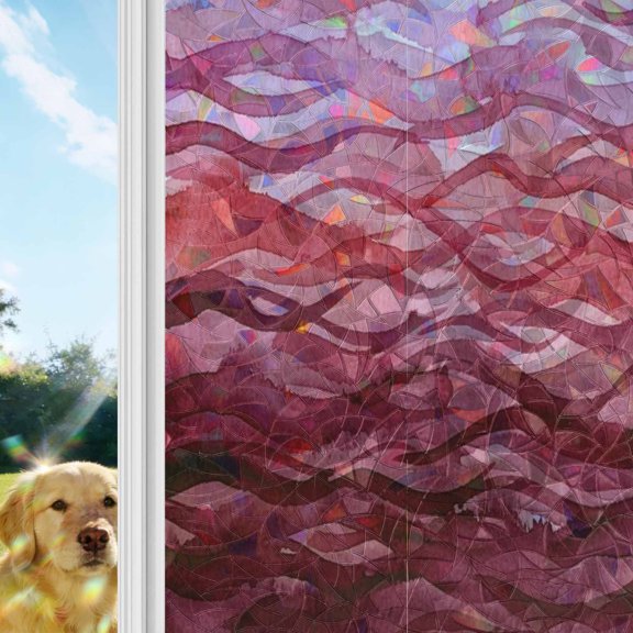 Pink Ocean Waves Rainbow Window Privacy Film, Nautical Coastal Abstract Sea Gradient Lines Stained Glass Window Film, Sun Blocking Glass Clings Non Adhesive Door Stickers 17.7 x 39.3 Inches