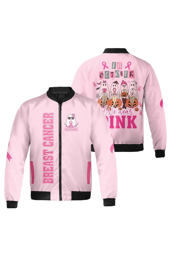 Pink October Breast Cancer Awareness Bomber Jacket - Custom Name - Halloween Ghost Theme - We Wear Pink Unisex Jacket