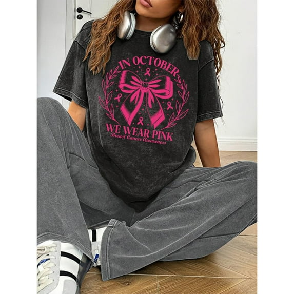 Pink October Tee "In October We Wear Pink" Letter Graphic Washed Vintage Top Black S-2XL Plus Size