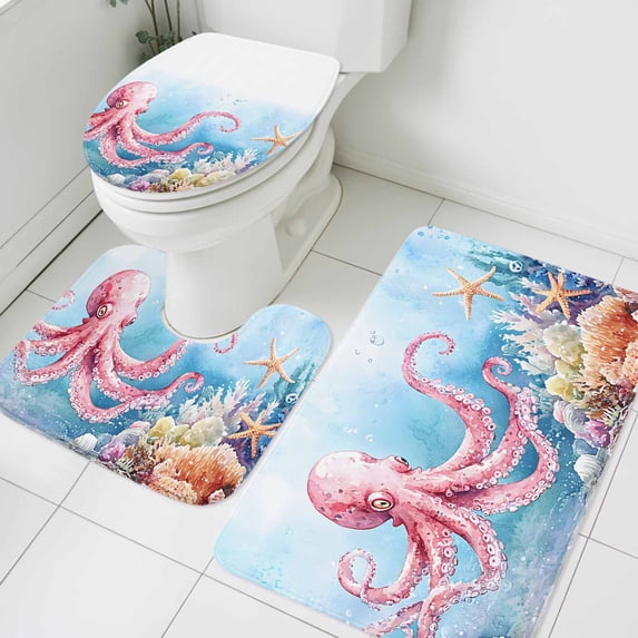 Pink Octopus Bathroom Rugs Set Nautical Watercolor Ocean Octopus Starfish Coral Seashell Non Slip Absorbent Bath Mats 3 Piece Set with Bathroom Rug, U-Shaped Floor Mat, Toilet Seat Cover Small Size