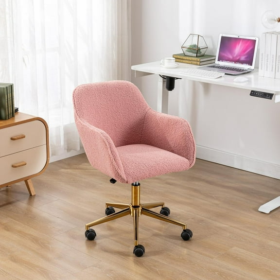 Pink Office Chair,Swivel Home Office Chair with Wheels,Modern Teddy Vanity Task Computer Chair with Adjustable Height