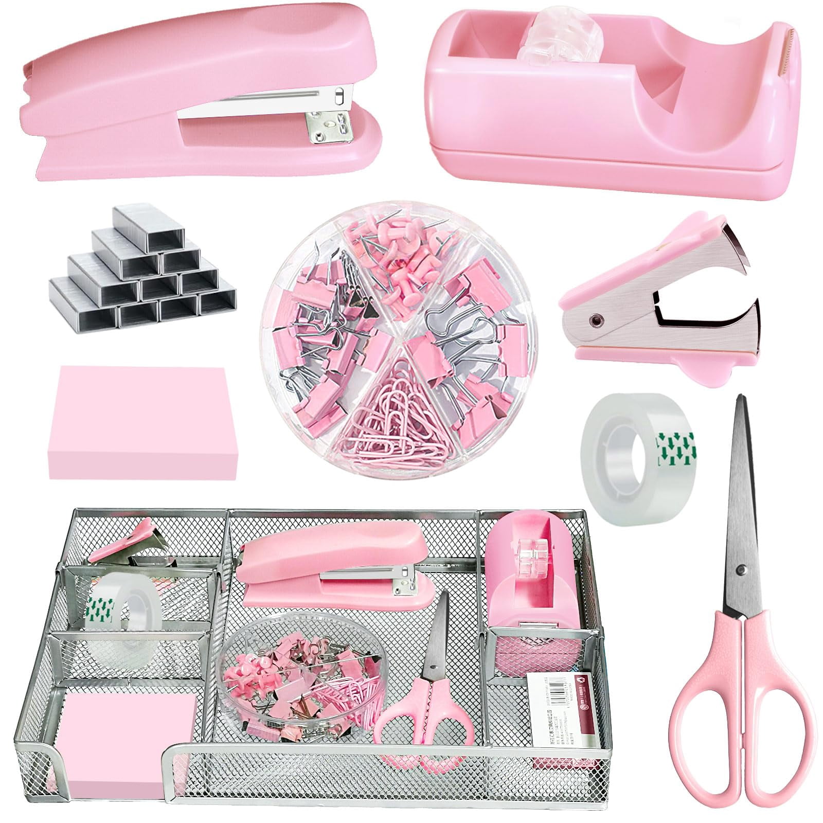 Pink Office Desk Accessories  Supplies Set Drawer Organizer Stapler And Tape Dispenser Staple Remover Staples Paper Clips Scissor Sticky Note