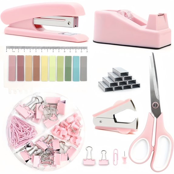 Pink Office Supplies Set & Desk Organizer Kit,Desk Accessories, Stapler and Tape Dispenser Set for Women with Stapler, Tape Dispenser, Staple Remover, Staples, Clips, Scissor and Tabs