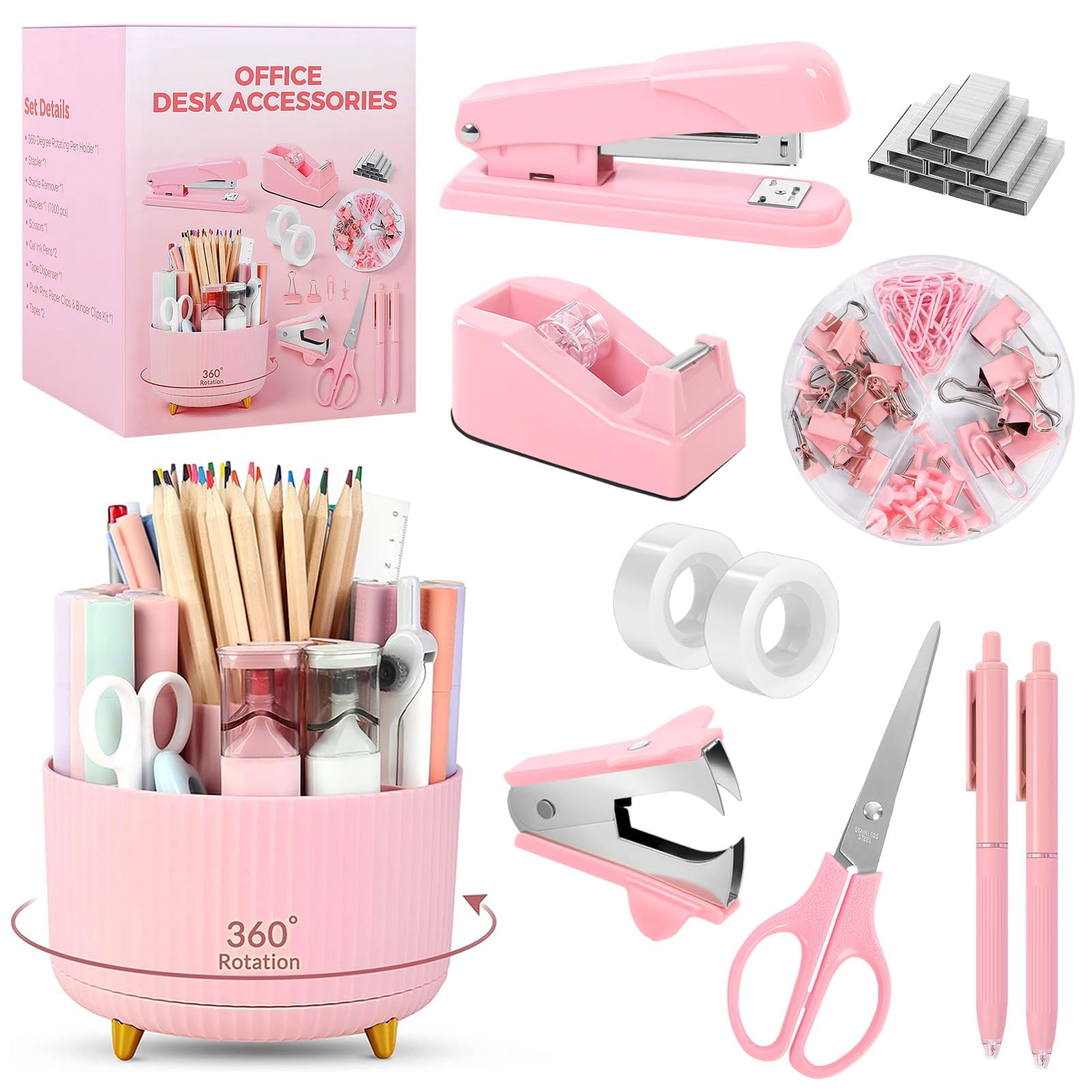 Pink Office Supplies Set  Pencil Holder For Desk Gel Pen Stapler Tape Dispenser Clips And 1000pcs Staples Decor Women Accessories