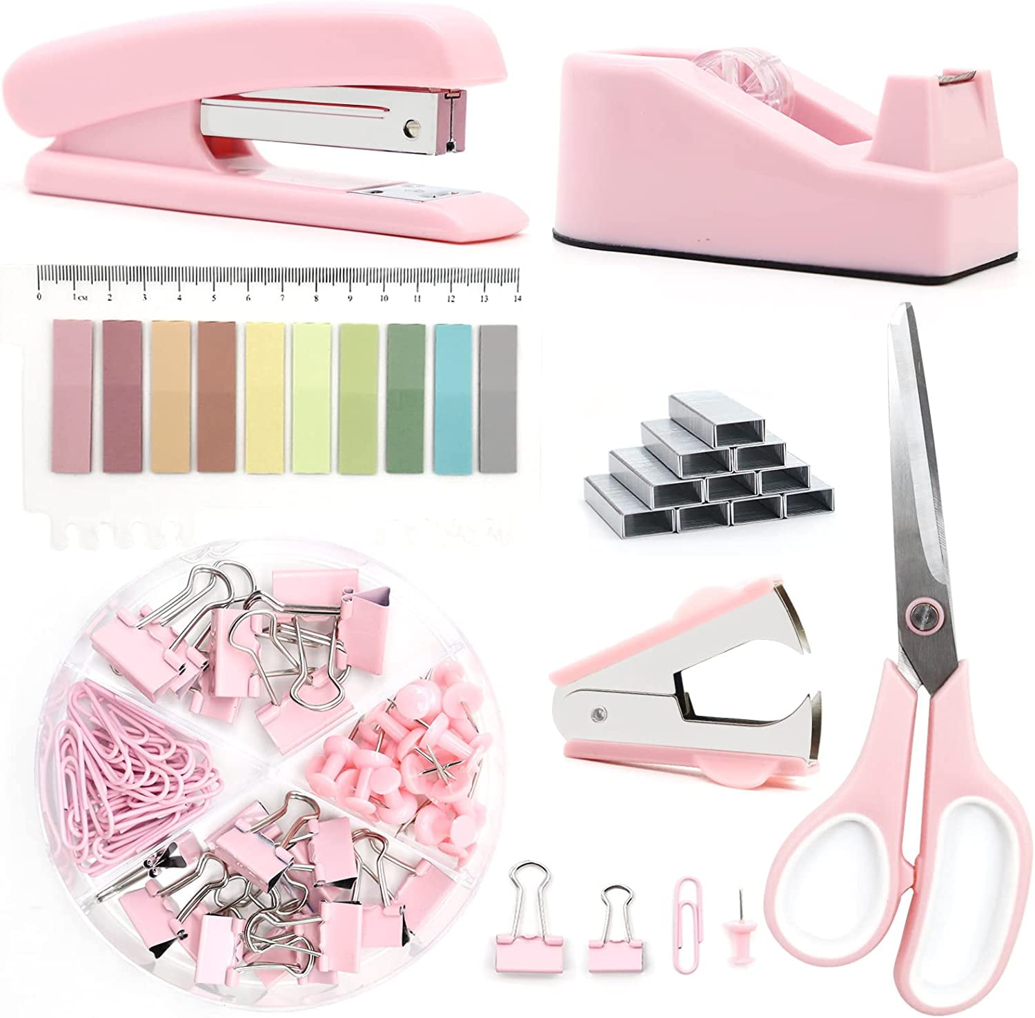 Hot Pink Office Supplies, UPIHO Hot Pink Desk Accessories, Stapler And Tape Dispenser Set For Women With Stapler Tape Dispenser Staple Remover Staples Clips Scissor And Sticky Notes For Students