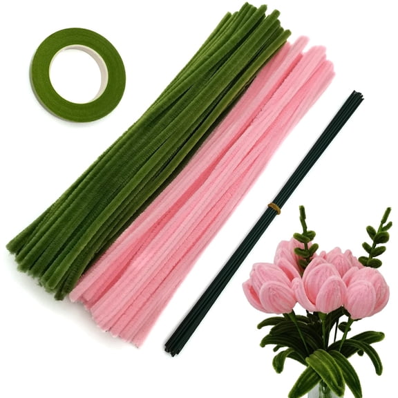 Pink OliveGreen Pipe Cleaners Set 187pcs with Floral Wires & Gardening Tape for Tulip Bouquet Making Kids DIY Craft Projects and Decorations