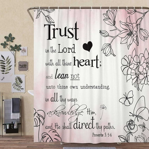 Pink Omber Bible Verse Botanical Shower Curtain, Inspirational Bible Verse Motivational Quotes Scriptures Shower Curtain Set, Aesthetic Minimalistic Boho Floral Christian Faith Shower Curtain 70X70IN