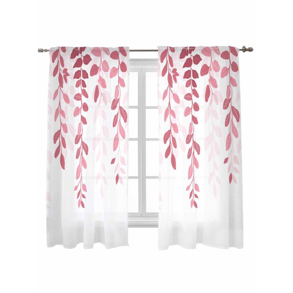 Pink Ombre Botanical Curtains 63 Inch Length,Sheer Curtains for Bedroom Living Room Window Watercolor Country Pastoral Leaf Rod Pocket Drapes Kitchen Curtains Small Half Window 42"x63" 2 Panels