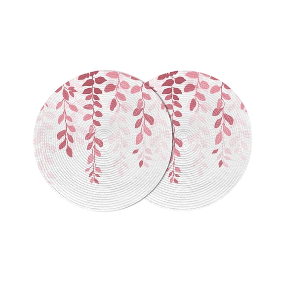 Pink Ombre Botanical Round Placemats Set of 2 for Dinning Tables,Heat-proof Braided Table Mats 15 Inch,Watercolor Country Pastoral Leaf Washable Place Mat for Kitchen Restaurant Party Table Decor