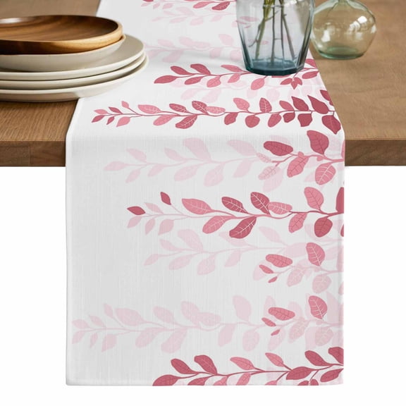 Pink Ombre Botanical Table Runner, Watercolor Country Pastoral Leaf Washable Cotton Linen Table Runners 36 Inches Long, Dresser Scarf Runner for Nightstand/End Tables/Round Tables 13''x36''