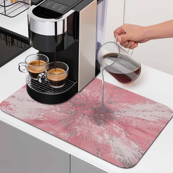 Pink Ombre Dish Drying Mats for Kitchen Counter, Abstract Blush Pink Grunge Splatter Style Industrial Absorbent Coffee Bar Mat with Non-slip Rubber Backed Quick Drying Dish Rack Pad 16"x18"