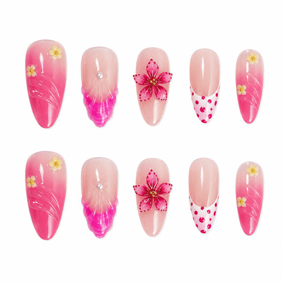 Pink Ombre Floral Press on Nails, Medium Almond Glossy False Nails with Raised Detail, 24 Count
