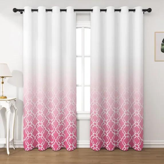 Pink Ombre Geometric Blackout Curtains, Room Darkening Privacy Grommet Window Drapes for Living Room, 2 Pack 108 Inches Long