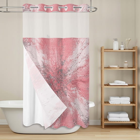 Pink Ombre No Hook Shower Curtain with Snap in Liner, Abstract Blush Pink Grunge Splatter Style Industrial Waterproof Shower Curtains with See Through Top Window Liner for Bathroom, 36x72 Inches