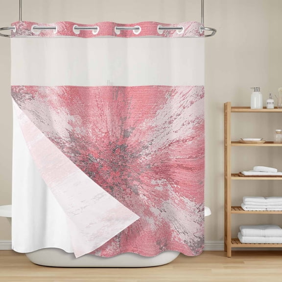 Pink Ombre No Hook Shower Curtain with Snap in Liner, Abstract Blush Pink Grunge Splatter Style Industrial Waterproof Shower Curtains with See Through Top Window Liner for Bathroom, 72x72 Inches