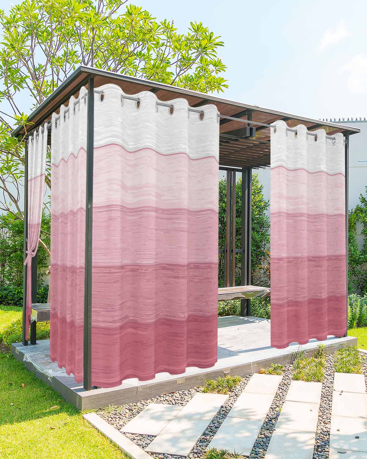 Pink Ombre Outdoor Curtains for Patio, Farmhouse Vintage Wooden Striped Privacy Drapes Grommet Waterproof Outside Curtains for Porch/Cabana/Balcony 54"x 108", 1 Panel