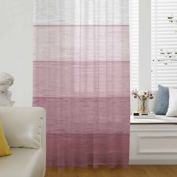 Pink Ombre Semi Sheer Curtains Drapes for Living Room, Bedroom, French Doors Window 96 Inches Long, Farmhouse Vintage Wooden Striped Rod Pocket Chiffon Curtain Drapery Voile Draperies Panel