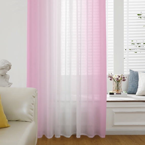 Pink Ombre Sheer Curtains 96 Inch Length, Light Filtering Voile Curtain Panel, Pink White Gradient Modern Abstract Art Rod Pocket Drapes Window Treatments for Living Room Bedroom 52"x96"