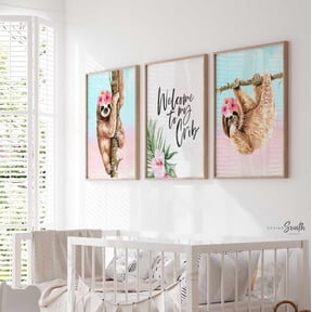 Pink Ombre Sloth Nursery Wall Art, Welcome to My Crib Tropical Hibiscus Prints, Baby Girl Bedroom Decor Gift, Poster Only