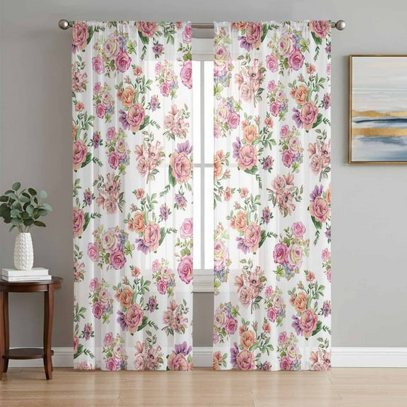 Pink Ombre Spring Floral Semi Sheer Curtains 72 Inch Length 2 Panels Set, Summer Flowers Botanical Sheer Kitchen Curtain Privacy Voile Window Curtain for Living Room Bedroom Rod Pocket Drapes