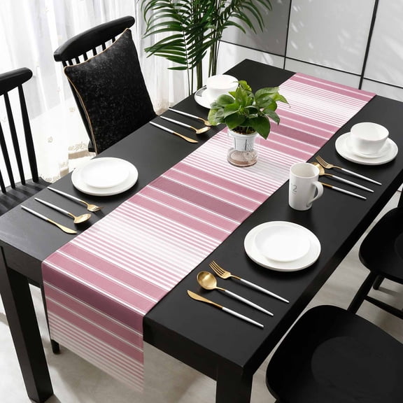 Pink Ombre Stripe Cotton Linen Table Extra Long Runner 13 x 120 inch Farmhouse Simple Striped Non-slip Rectangular Dining Table Decor for Wedding Party Holiday Dinner