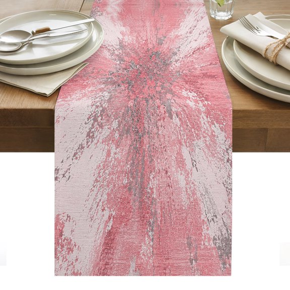 Pink Ombre Table Runner, Abstract Blush Pink Grunge Splatter Style Industrial Washable Kitchen Table Runners Dress Scarves for Dining Table Decorations Party/Restaurant/Indoor Outdoor Use, 13x36in